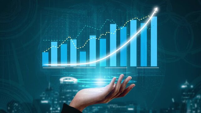 A hand displays a digital chart symbolizing growth and success in finance. The futuristic design highlights market trends and technology impact on business performance. Copula