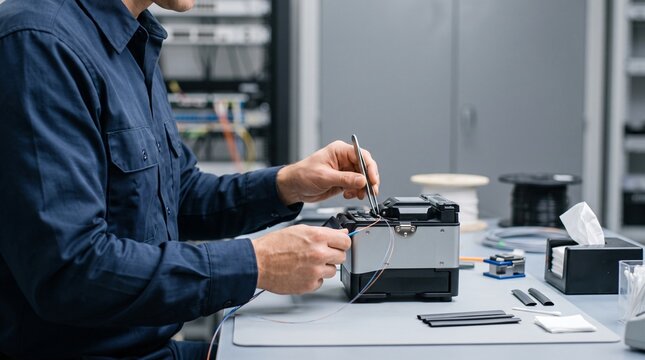 Fiber optic technician performing precision cable splicing with a fusion splicer, telecommunications infrastructure maintenance, high speed connectivity, optical networking and technical service