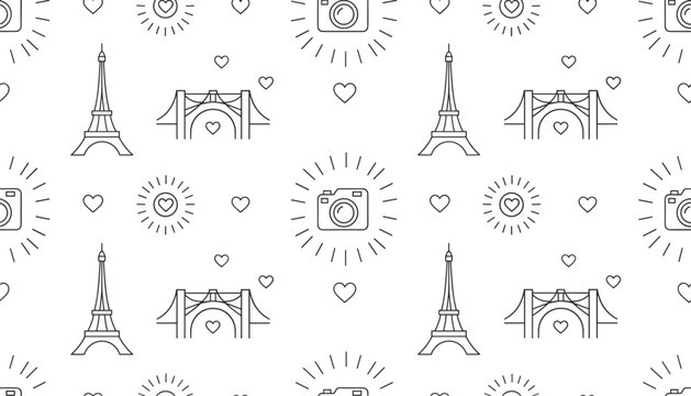 Romantic seamless pattern with icons of Paris Eiffel Tower Brooklyn Bridge vintage camera sun and little hearts.