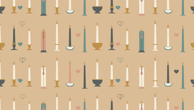 Romantic seamless pattern with lit burning candles of various designs and small hearts on a warm beige background.