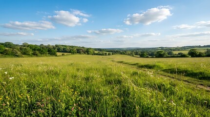 Obraz premium A stunning panoramic view of a lush green meadow under a bright blue sky with fluffy white clouds in the countryside
