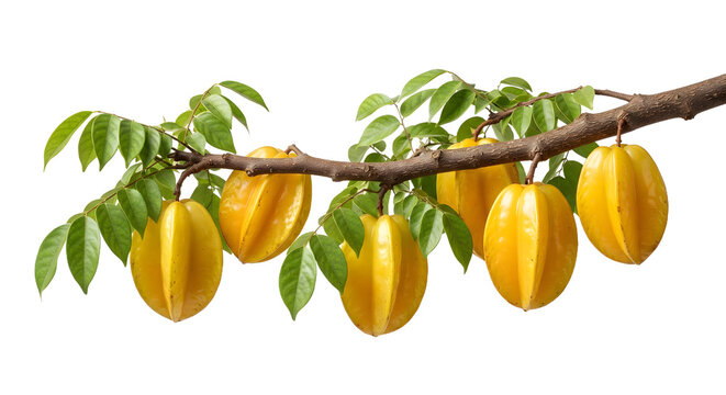 Branch of ripe starfruit hanging with green leaves