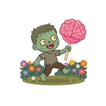 Cute Zombie Boy Holding Brain Lollipop in Flower Garden Halloween Vector Sticker