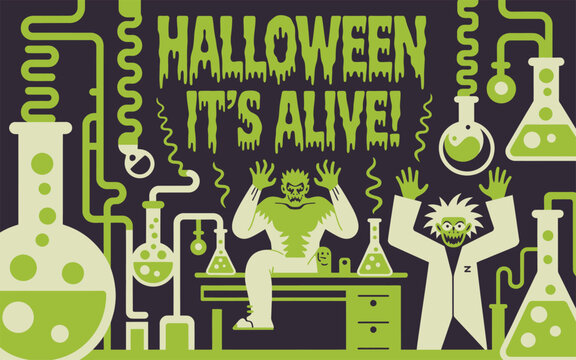Halloween its alive text graphic with scientist and laboratory glassware
