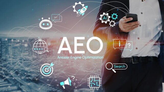 Modern Businessman Using Smartphone with AEO Concept in the Background, Digital Innovations in Marketing and Technology. Entropy.