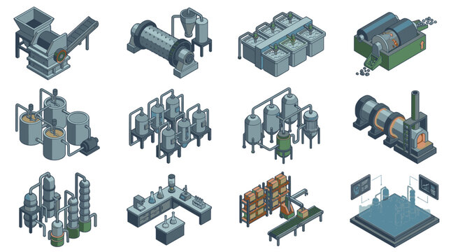 Minimalist Isometric of Industrial Machinery and Laboratory Equipment in Blue Gray Green Color Palette