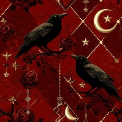 Obraz premium Dark Gothic Halloween Pattern with Ravens and Stars