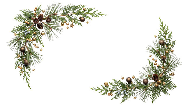 Cedar and pine branch corner frame with pinecones on a white background