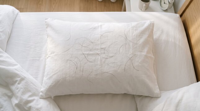 Close up of white pillow with scattered hair strands on bed, representing hair loss problem, alopecia, stress, health issues, dermatology, medical care and hygiene concept