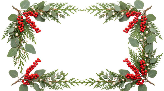 Eucalyptus and holly sprig wreath frame arrangement with red berries for holiday decoration