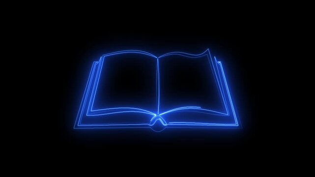 Open book with glowing blue digital lines performing animation in dark background with copy space