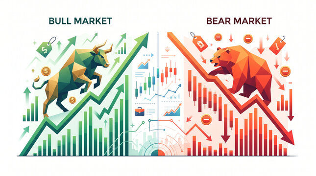 Stock Market Bullish and Bearish Trend Illustration - Bull vs Bear Financial Growth and Decline Concept