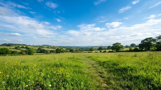 Scenic countryside landscape with lush green meadows, rolling hills, and a bright blue sky with fluffy white clouds