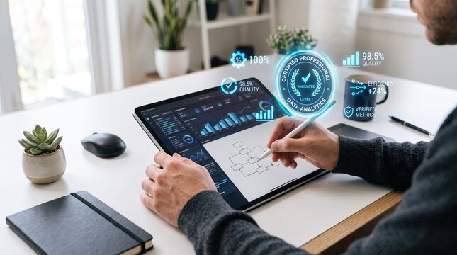 Professional using tablet with stylus to analyze data analytics dashboard featuring certified professional badge, quality metrics, and efficiency graphs on modern white desk workspace.