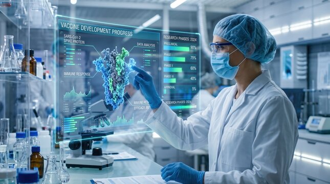 Scientist in lab coat examining holographic vaccine development progress interface displaying SARS-CoV-2 spike protein structure, immune response data, and research phase statistics.