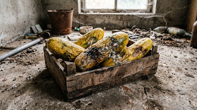 Several rotten and deteriorating cucumbers with yellowing, wrinkled and darkened surfaces placed inside an old wooden crate on a rustic floor, showing signs of vegetable spoilage and food waste.