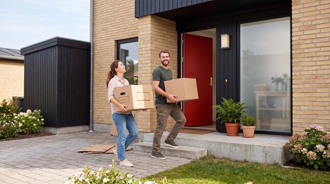 Happy couple carrying cardboard boxes into their new home