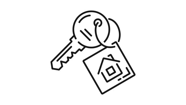 Minimalist house key line icon with keychain, real estate property ownership symbol, home security and mortgage concept illustration