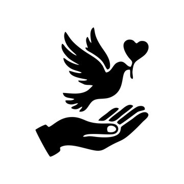 Peace Dove Flying From Hand Holding Heart Logo