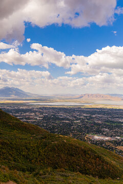 Panoramic View of Provo Utah Valley Utah Lake and the Wasatch Front Beneath Dramatic Clouds