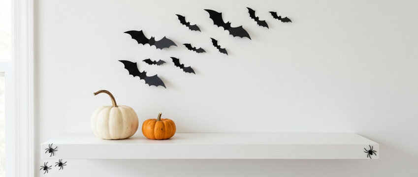 Halloween Decorations: Bats, Pumpkins and Spiders on Shelf