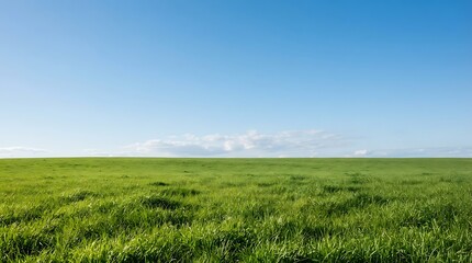 Fototapeta premium Vast green grass field under a bright blue sky with a clear horizon for nature backgrounds
