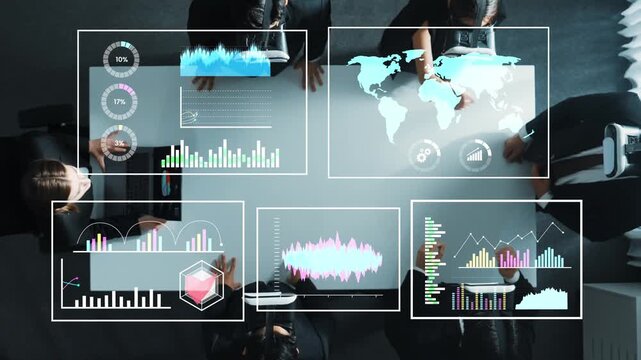 Business team analyzing digital data trends and statistics with interactive charts and global map visualization in a modern office environment Gluon.