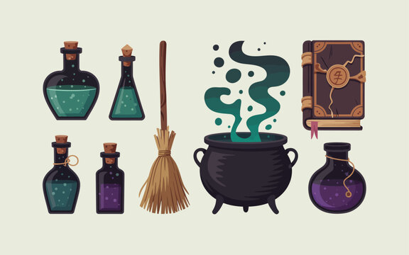 Fantasy witch magic collection with cauldron potion bottles and ancient book