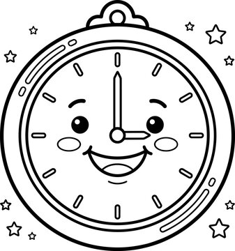 Black and white outline smiling wall clock pocket watch character for children coloring book worksheet