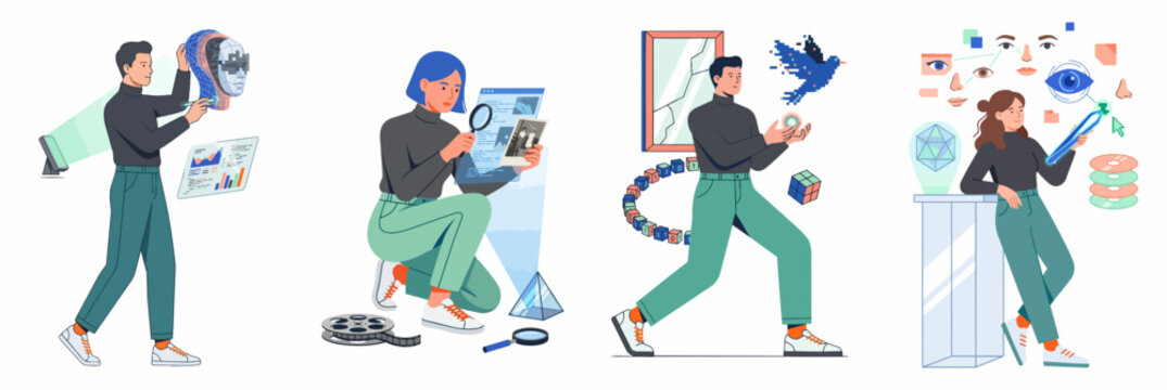 Set of flat illustrations depicting professionals engaged in research, creative design, digital innovation, and scientific analysis for modern business concepts.