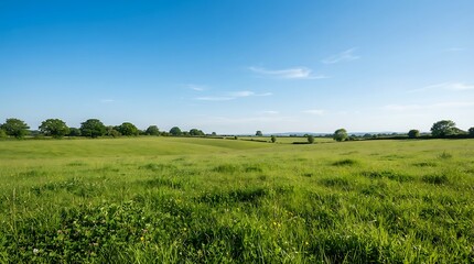 Obraz premium A serene green pasture under a bright blue sky with distant trees in the English countryside