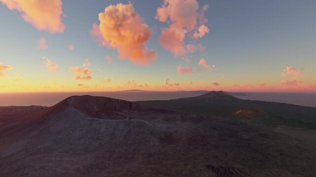 Circular aerial drone shot at sunset of Ambrym Volcano in Ranvetlam. Vanuatu