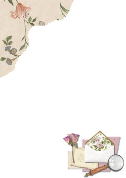 Vintage floral scrapbook background with torn paper, antique stationery elements with magnifying glass, romantic botanical letter writing set