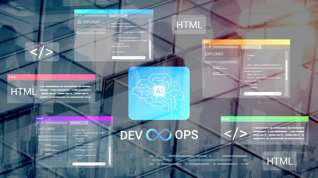 Abstract representation of modern DevOps concepts featuring AI, coding elements, and data integration with vibrant colored screens against a city backdrop Gluon.