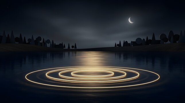 Glowing concentric rings ripple on dark water under crescent moon night