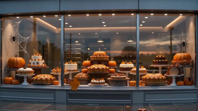 Halloween bakery storefront window display with festive pumpkin cakes pies and spooky autumn holiday decorations