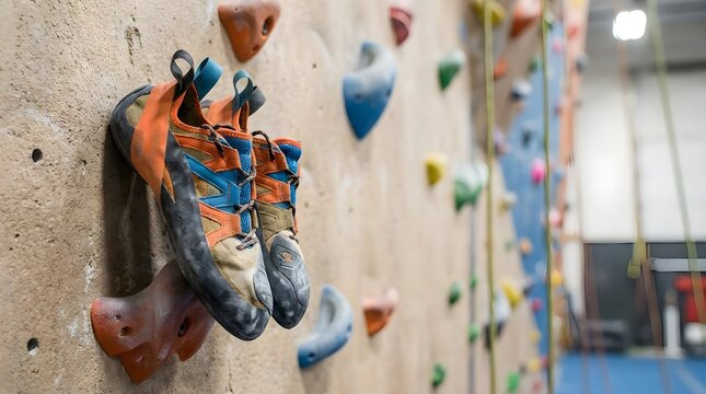 Bouldering Shoes On Gym Climbing Wall