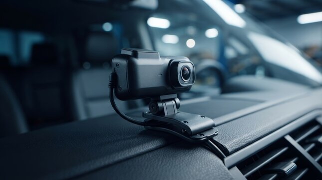 Detailed view of a dashcam and its mounting bracket in a vehicle interior.