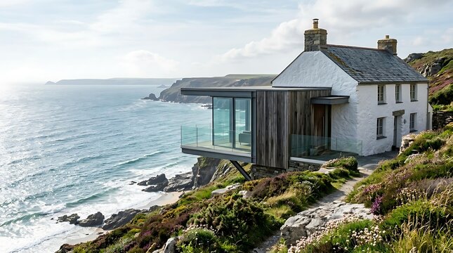 Whitewashed Cliffside Cottage with Cantilevered Glass and Wooden Extension
