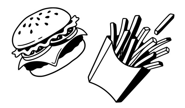 Black and white hamburger and French fries top view cartoon vector food illustration