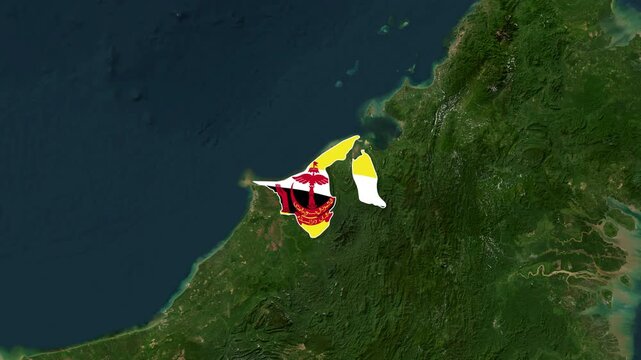 Brunei flag overlaid on satellite map footage in motion