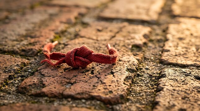 A red shoelace tied in a knot lying on an old brick pavement during sunset.