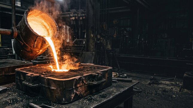 Molten metal pouring into industrial sand mold for heavy machinery part casting.