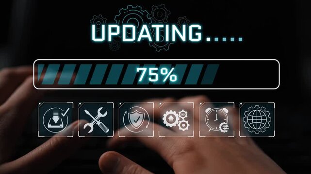 Hands on Keyboard with Progress Bar Showing 79 Percent Update Completion in Digital Environment with Management Icons and Gears Displayed Sigmoid