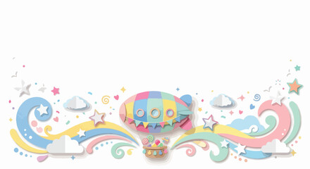 A whimsical pastel blimp flies amidst colorful rainbows, clouds, and stars in a cute vector illustration border design. © Regina