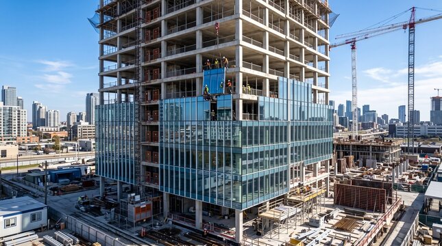 Aerial view of a modern high rise building under construction in a city.