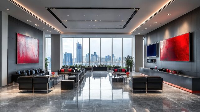Modern lounge with city view and abstract art