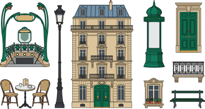 Paris street elements vector set featuring traditional french architecture apartment building metro entrance cafe table street lamp and Morris column