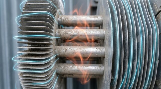 electrical transformer cooling system Close-up of industrial burner with visible flame and metal heat exchanger fins