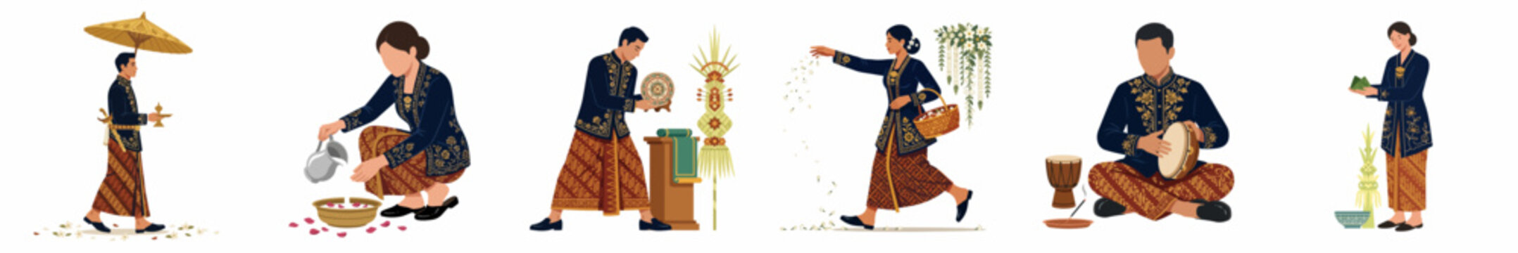 Collection of flat illustrations showing various Javanese traditional wedding ceremony rituals and cultural activities in traditional batik attire.